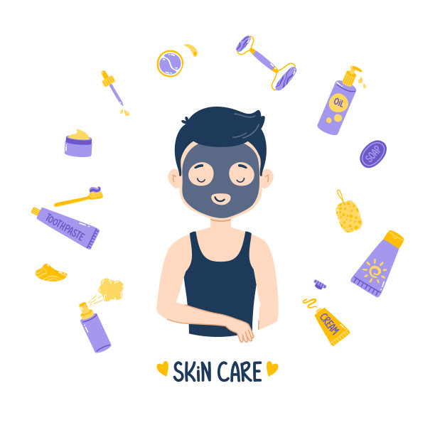 男子使用面膜护理皮肤，化妆品圆形边框，白色背景矢量插画图片下载