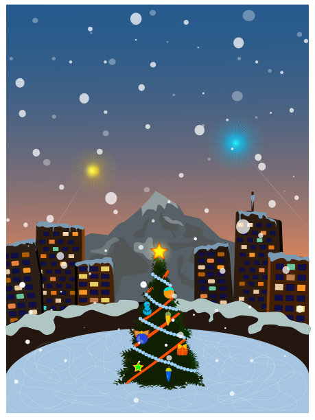 节日的冬季景观。有圣诞树、彩灯和烟花的夜城。图片下载