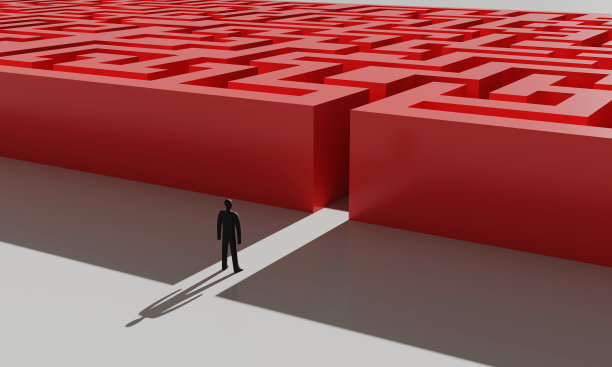 迷宫入口前的人，生活挑战概念3D插画图片下载