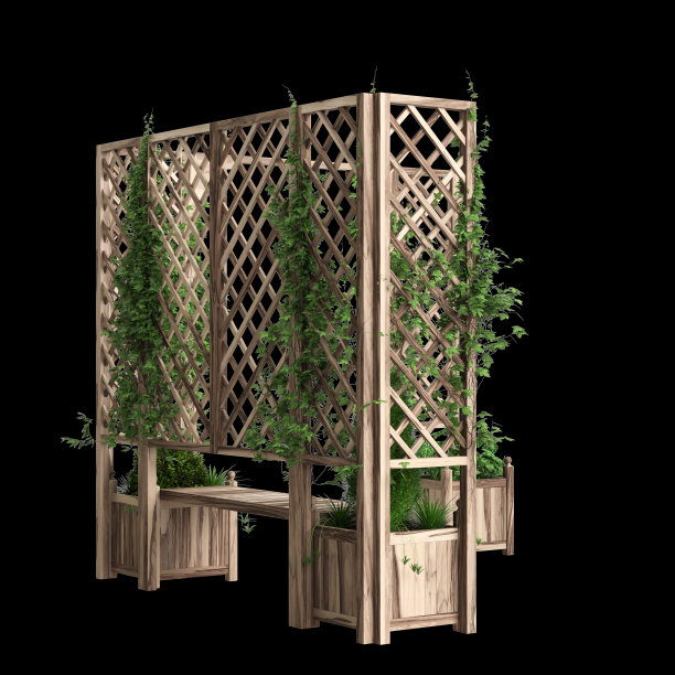 三维插图的长凳种植与格子隔离在黑色背景图片下载