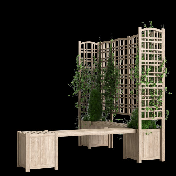 三维插图的长凳种植与格子轻木隔离在黑色背景图片下载