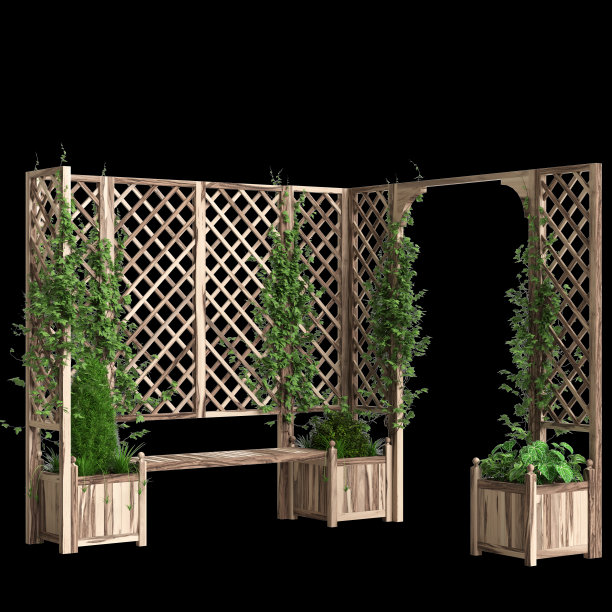 三维插图的长凳种植与格子隔离在黑色背景图片下载