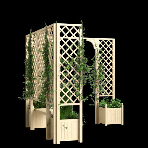 三维插图的长凳种植与格子轻木隔离在黑色背景图片下载