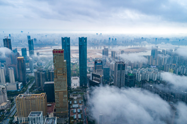 现代城市地标鸟瞰图，平流雾，上海，中国图片下载