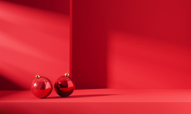 最小的红色背景圣诞与小彩球圣诞装饰。3d空间。作为背景，产品和文字的空间。图片下载