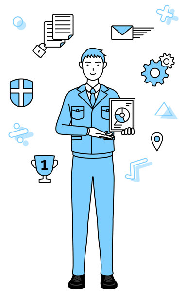 DXing的形象，简单的线条画了一个穿着工作服的人使用数字技术来改善他的生意图片下载