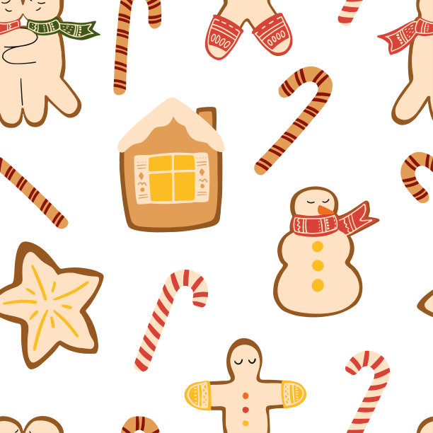 矢量圣诞糖果拐杖，雪人和姜饼无缝的图案。手绘新年糖果插画。图片下载