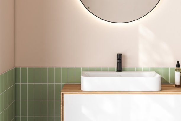 3D渲染近距离白色梳妆台与陶瓷脸盆和现代风格的水龙头在浴室与早晨的阳光和阴影。产品展示模型留白。背景，墙壁瓷砖。图片下载