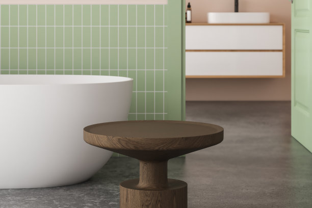 逼真的3D渲染背景为产品覆盖。接近圆形空橡木木桌子与阳光热带树叶植物。有机美，自然理念。模拟，讲台，水疗，防晒霜。图片下载