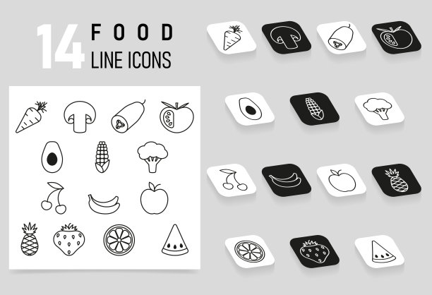 一套14食物矢量线图标在一个白色的sheet背景和透视图片下载
