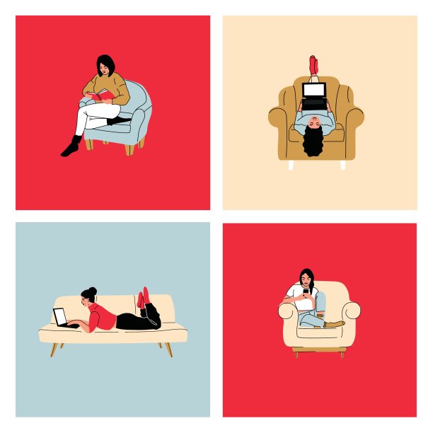 姑娘们坐在家里的扶手椅、沙发上。女士带着笔记本电脑，手机和书在椅子，沙发上。自由职业者或学习概念。女角色，用笔记本电脑上网聊天，休息图片下载