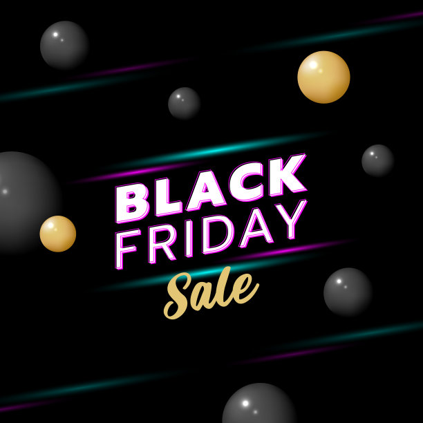 黑色星期五销售横幅模板与绿色，紫色霓虹灯和黑色，金黄色球物体在黑暗的背景。白色，紫色和金黄色的文字。矢量插图。图片下载