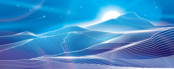 晚上的风景。霓虹辉光照明图像。山间小路。商业中心。白色的轮廓插图。矢量设计艺术图片下载