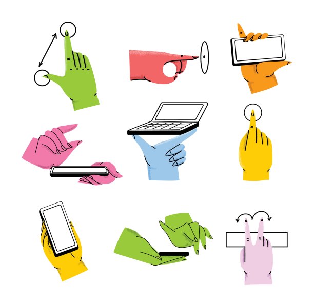 手持智能手机。手持智能手机或在阅读时使用手机触摸手势的人的矢量图标。按压和指向，缩放和松开，旋转和滑动符号。图片下载