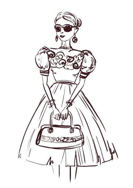 这个女孩是个模特，穿着连衣裙，戴着眼镜。一个年轻女孩的时尚插画。图片下载