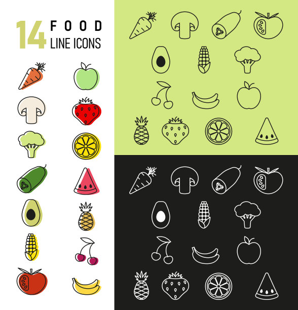 一套14食品线图标彩色，黑白设计在不同的背景图片下载