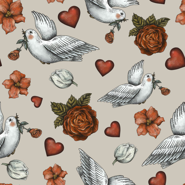 复古白鸽无缝图案与花和心图片下载