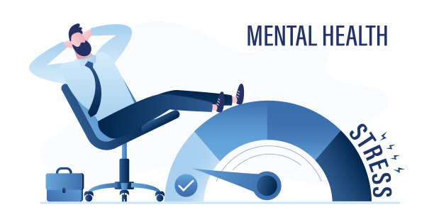 压力测试，员工放松，没有心理压力。男职员冷静，精神健康。商人坐在办公椅上，旁边是秤。休息时间。图片下载