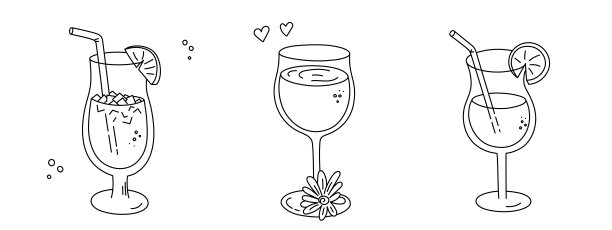 酒精鸡尾酒，节日庆祝的长饮饮料。用于装饰设计节日菜单。手绘涂鸦风格。可编辑的中风。图片下载