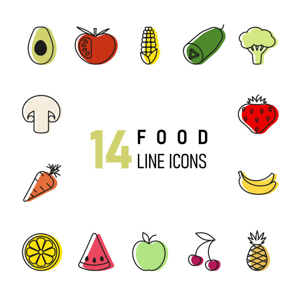 一套14色线图标的水果和蔬菜隔离在白色背景图片下载