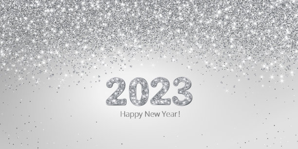 新年好横幅。银色闪闪发光的背景。2023矢量闪光数字。图片下载