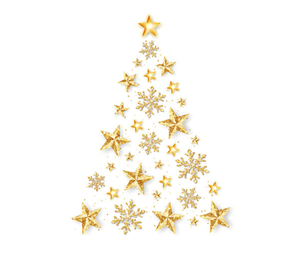 用闪闪发光的星星和雪花做成的圣诞树形状。节日装饰孤立于白色之上。图片下载