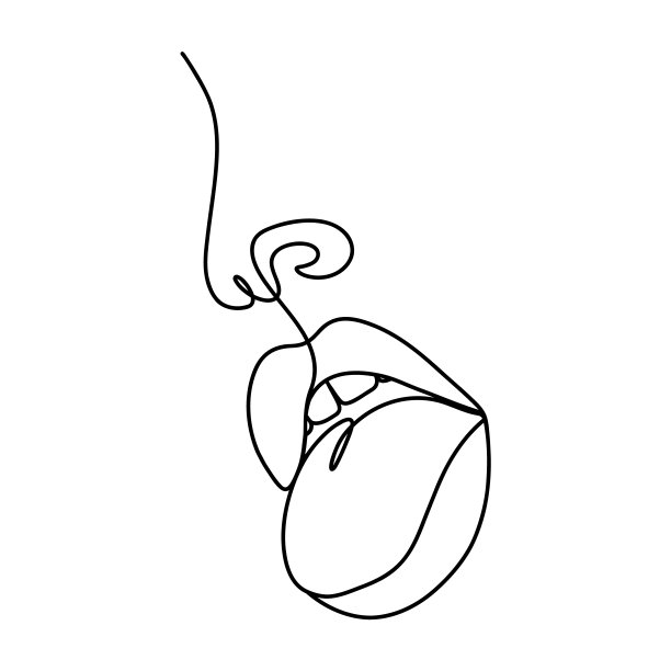 女人的嘴唇和鼻子在一条线的绘画风格。张开嘴，伸出舌头。永久或纹身化妆。美容工作室标志。线性矢量插图在时髦的极简风格图片下载