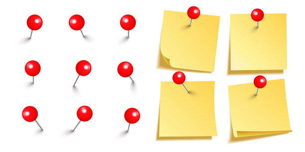 真实的空白便利贴孤立在白色背景上。黄色的便签纸，上面有红色的圆形别针。纸提醒和带针的塑料图钉。板钉。矢量图图片下载