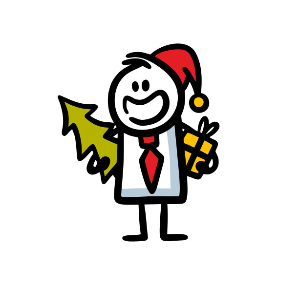 快乐的办公室风格男士西装红色礼帽带来圣诞树和礼物。图片下载