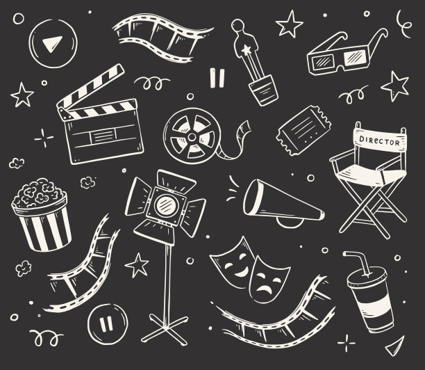 电影，电影院涂鸦图标插图。涂鸦手绘风格的电影元素，爆米花，摄像机，隔板图片下载