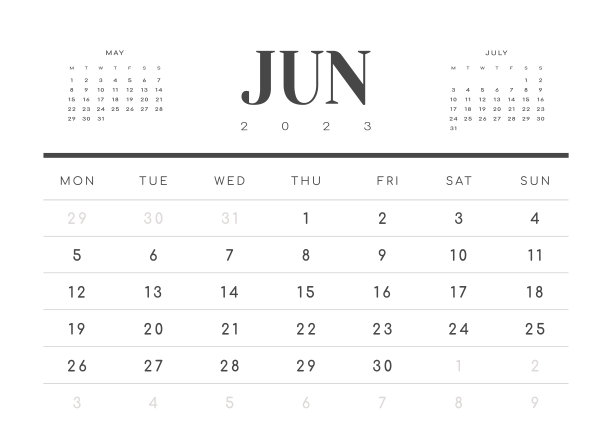 2023年6月月历模板。矢量布局简单日历与周开始星期一。图片下载