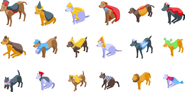 万圣节服装的宠物图标设置等距图片下载