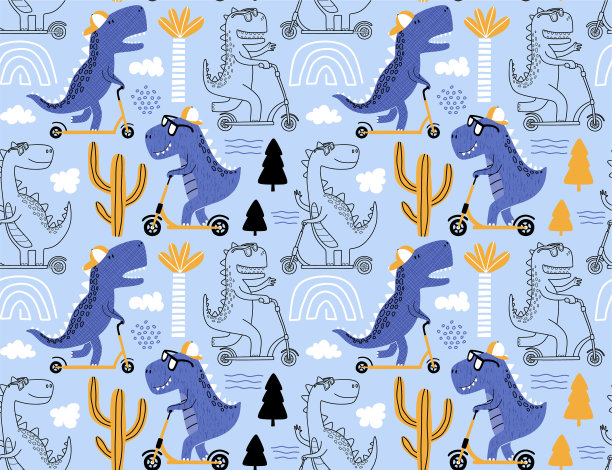 可爱的恐龙骑着滑板车。矢量纹理在孩子气的风格伟大的织物和纺织品，墙纸，背景。柔和的颜色。图片下载