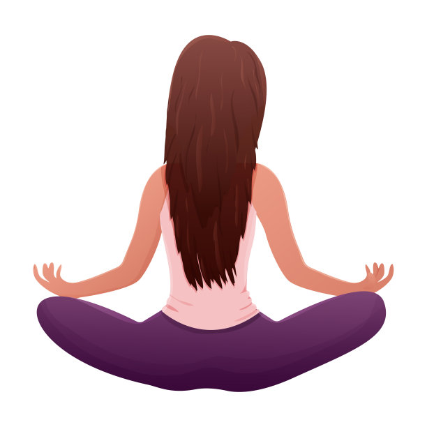 冥想的女性角色坐在莲花的姿势，背影以卡通风格孤立在白色背景上。矢量图图片下载