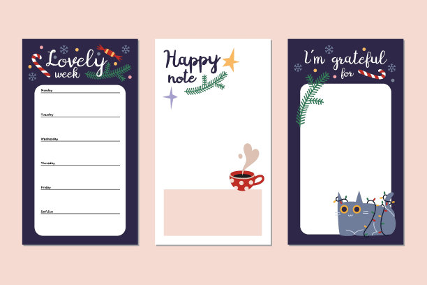 时髦的可编辑的圣诞周计划，感恩清单和地方的快乐音符。矢量股票插图，卡通风格。故事的模板。图片下载