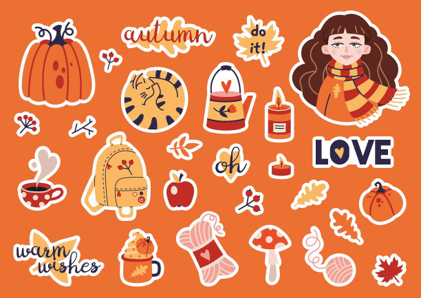 可爱的贴纸包舒适的秋天元素和时髦的字母，卡通风格。一套贴纸计划和日记，矢量平面插图。笔记本装饰图片下载