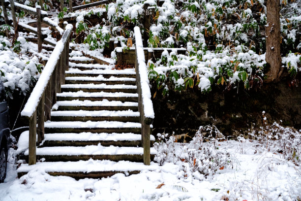 雪地背景的冬季木楼梯。图片下载