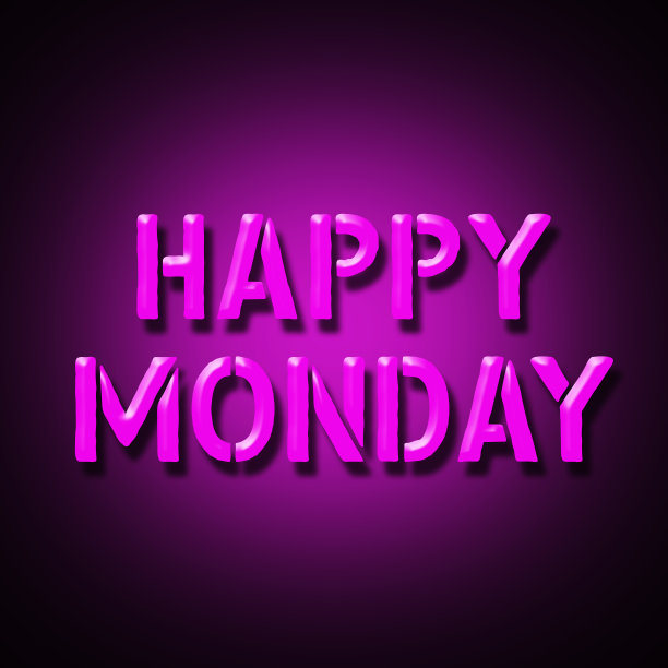 快乐的星期一。粉色霓虹铭文孤立在黑色背景上。假期。图片下载