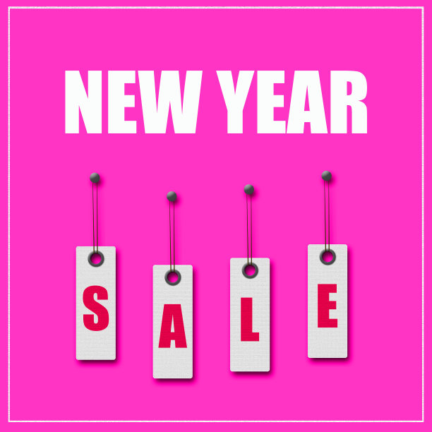 新年大减价。标签上的文字，在明亮的粉色背景上。新年和圣诞节促销的概念。业务。假期。图片下载