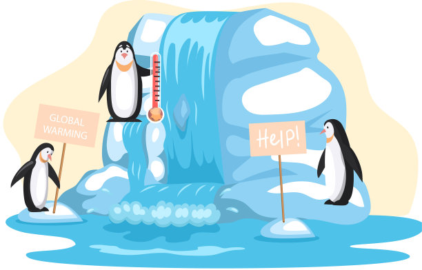 企鹅站在冰山上逃避气候变化，寻求帮助。全球变暖期间的鸟类图片下载