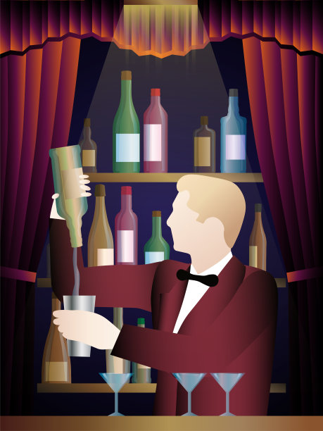 酒保把一瓶酒倒进玻璃杯里。酒吧。图片下载