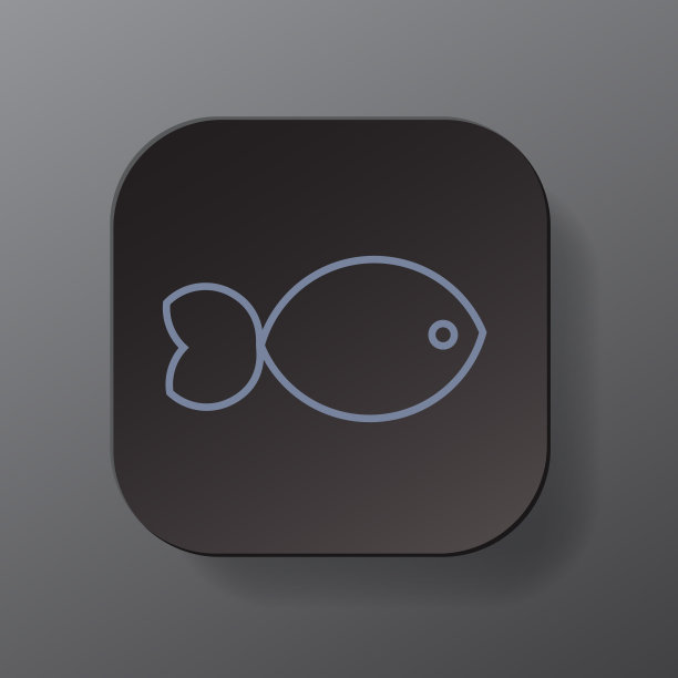 黑色方形按钮与鱼的轮廓图标，鱼在黑色的盘子上。平面符号符号矢量插图孤立在灰色背景。健康的营养理念。图片下载