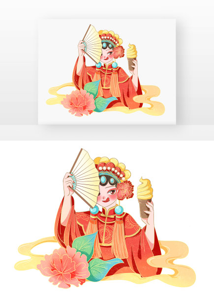 国潮京剧人物和美食红色古装美女牡丹花图片下载