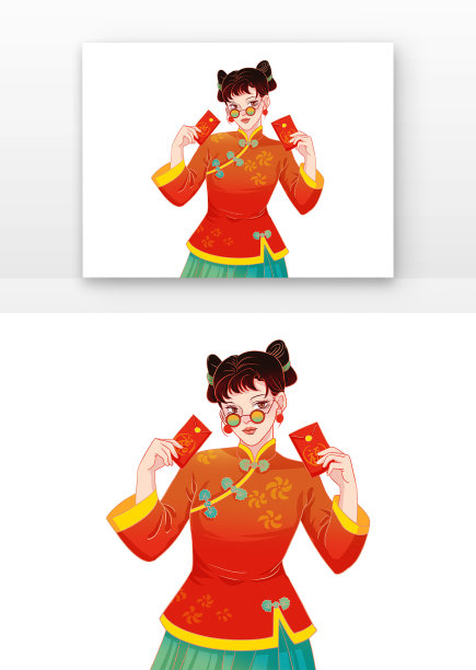 红色国潮戴眼镜拿红包女生春节人物元素图片下载