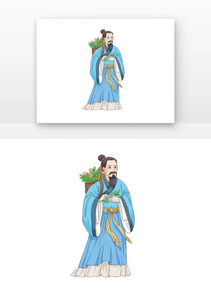 蓝色长胡子老人采药背药篓水墨医生采药元素图片下载