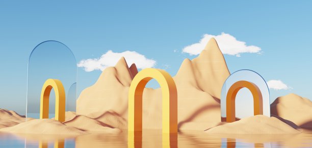 摘要沙丘悬崖沙与金属台架平台。超现实的沙漠自然景观背景。沙漠场景与光泽的金属拱门几何设计。3 d渲染。图片下载