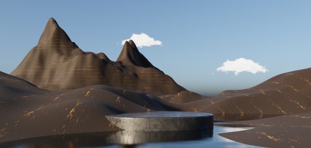 摘要沙丘悬崖沙与金属台架平台。超现实的沙漠自然景观背景。沙漠场景与光泽的金属拱门几何设计。3 d渲染。图片下载