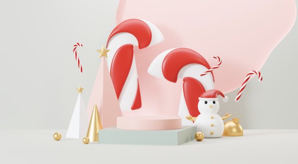 3d渲染圣诞快乐讲台平台场景装饰圣诞树，礼物，球和雪花在冬天的季节主题。抽象最小的底座产品展示节日圣诞。图片下载