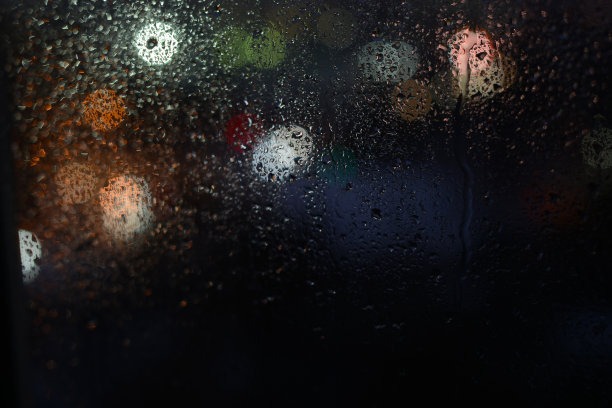 雨滴落在窗户玻璃上，夜景城市灯光虚化图片下载