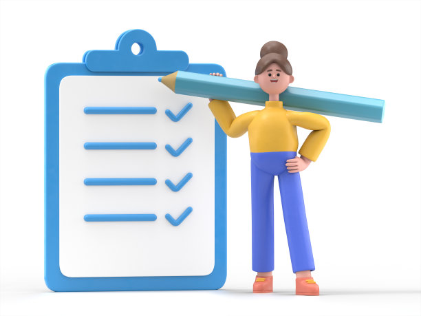 微笑的女人安吉拉用大钢笔签署合同的3D插图。网上交易和电子协议的概念。白色背景的3D渲染。图片下载